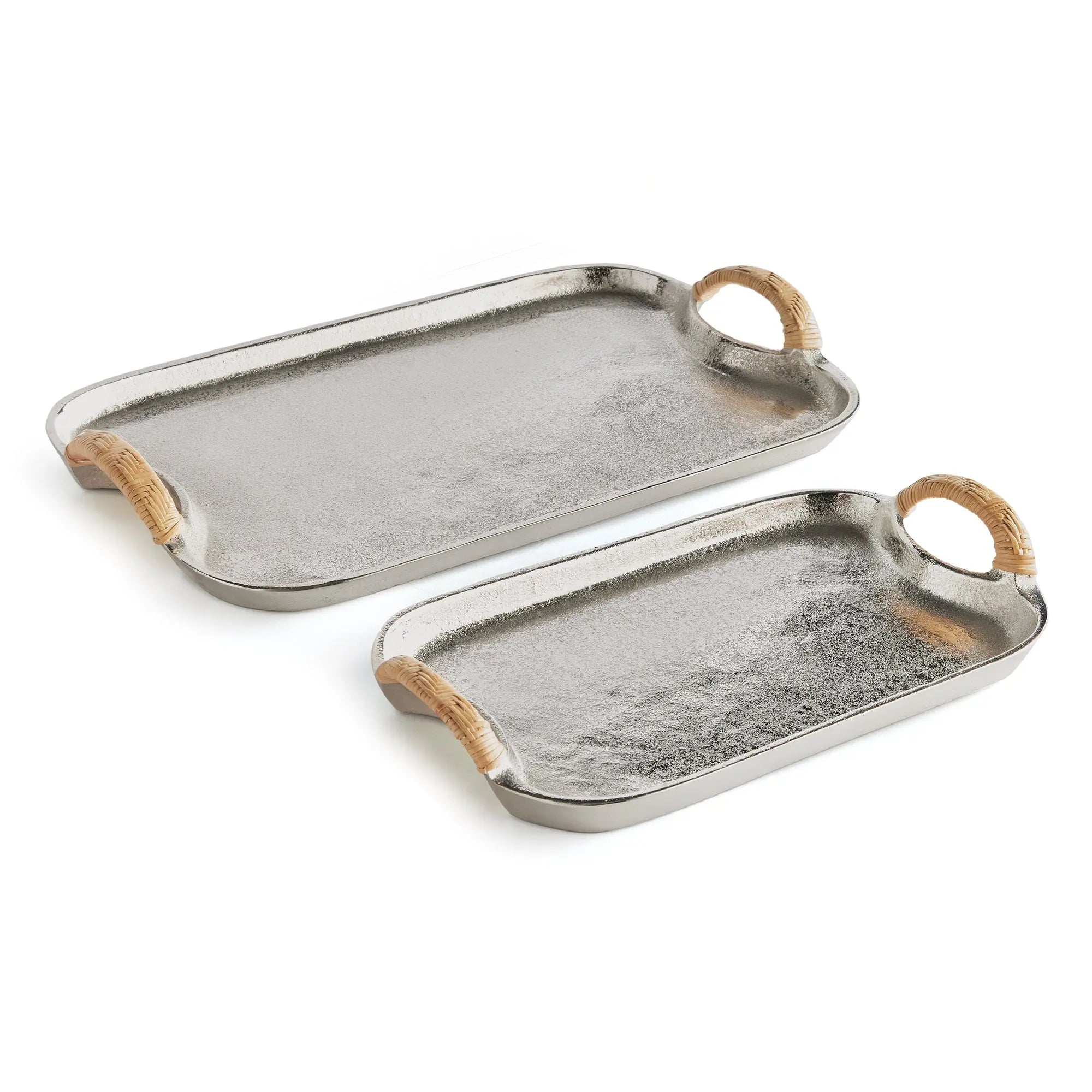 Helena Silver Decorative Trays - Set of 2 Aluminum & Rattan Rectangle Trays Napa Home & Garden