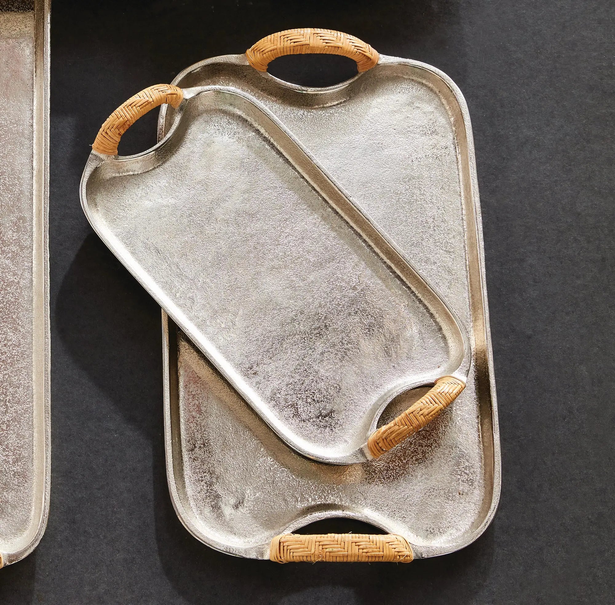 Helena Silver Decorative Trays - Set of 2 Aluminum & Rattan Rectangle Trays Napa Home & Garden