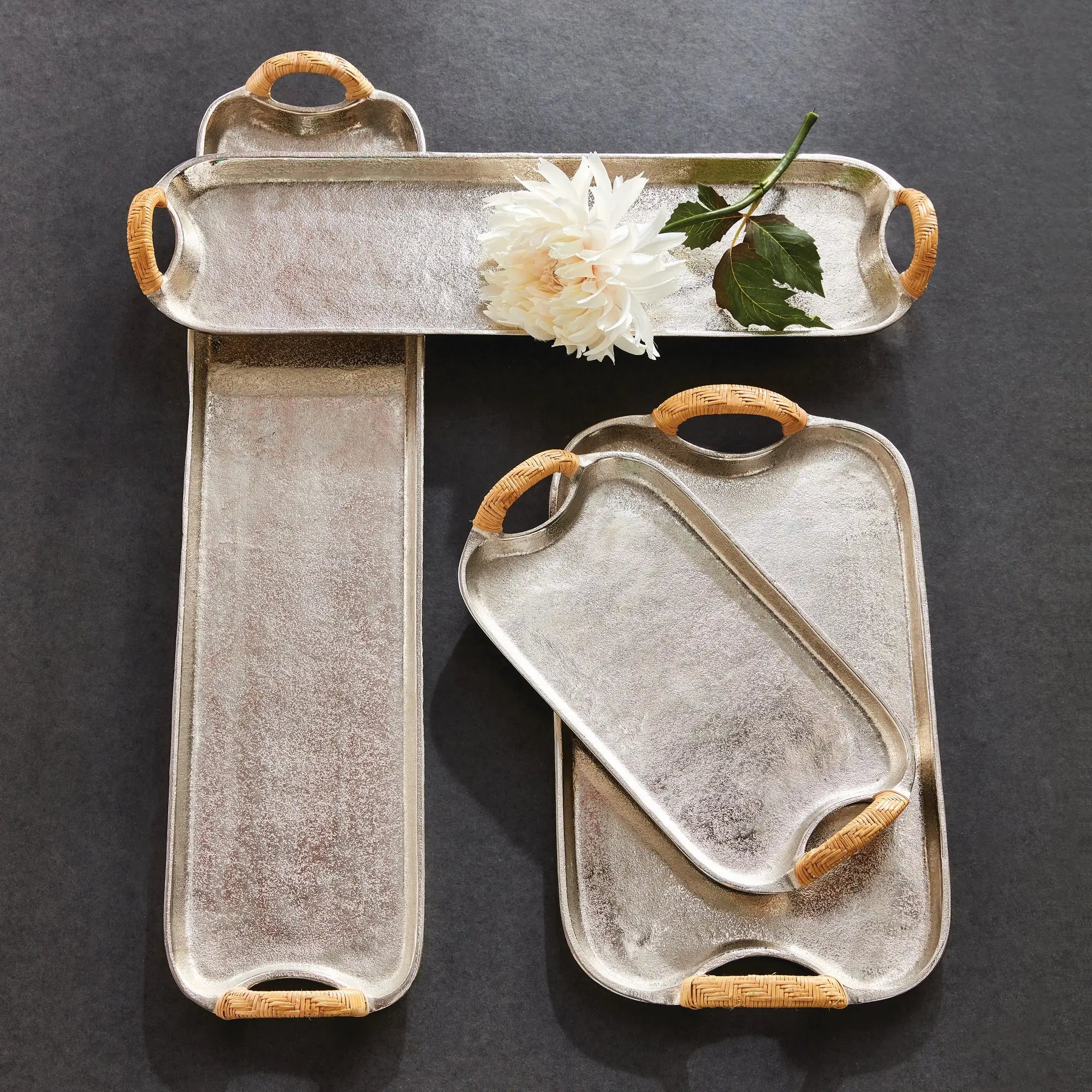 Helena Long Decorative Trays - Set of 2 Silver & Rattan Aluminum Trays Napa Home & Garden