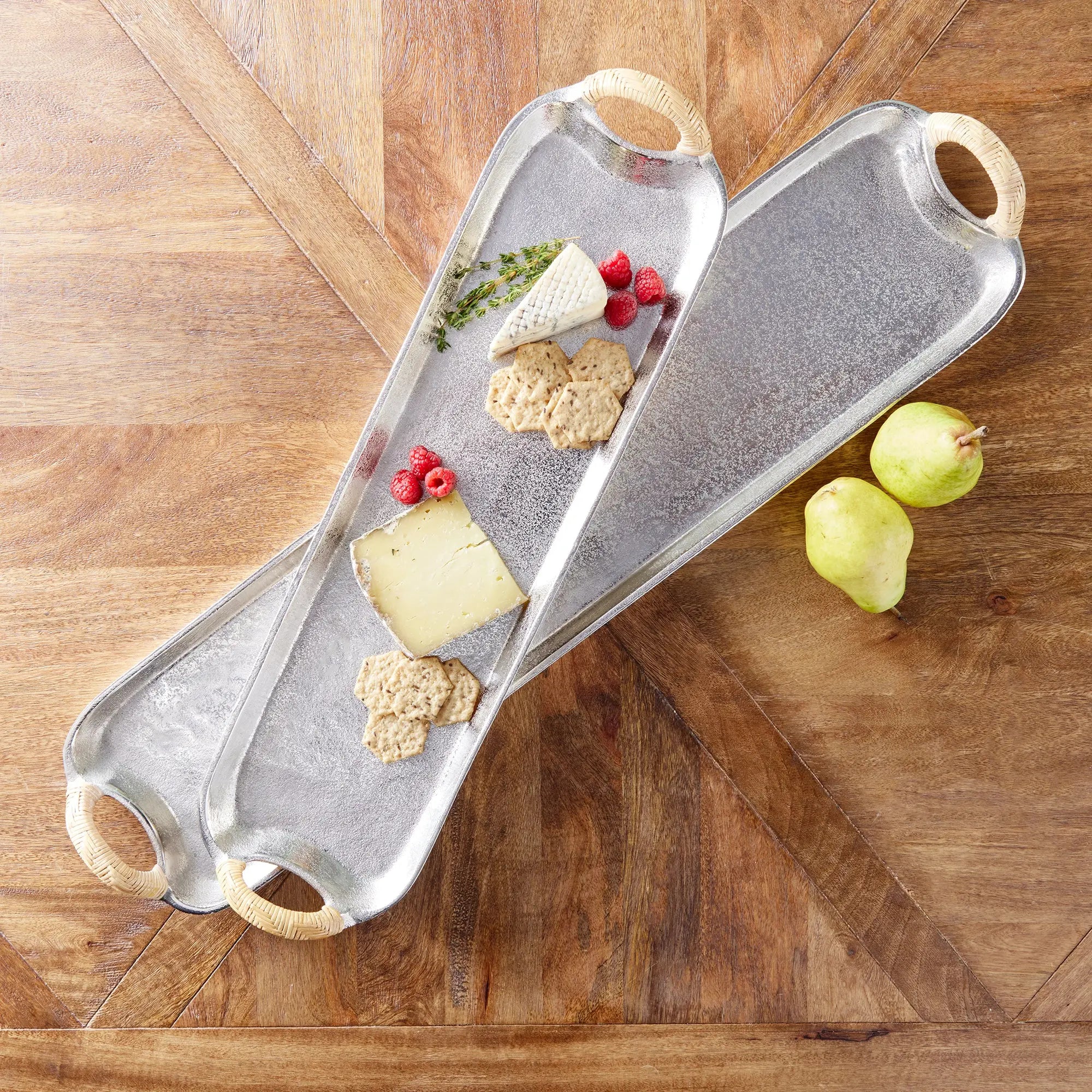 Helena Long Decorative Trays - Set of 2 Silver & Rattan Aluminum Trays Napa Home & Garden