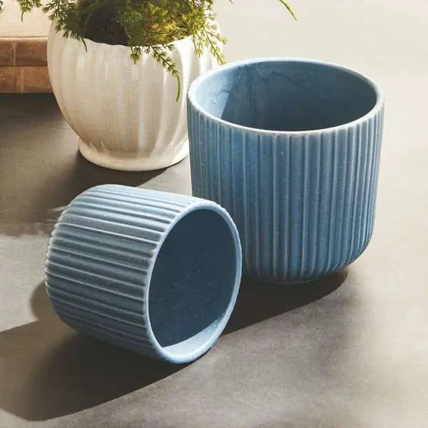 Tasha Pot Set - Set of 2 Ribbed Ceramic Planters - Villa Decor & Design