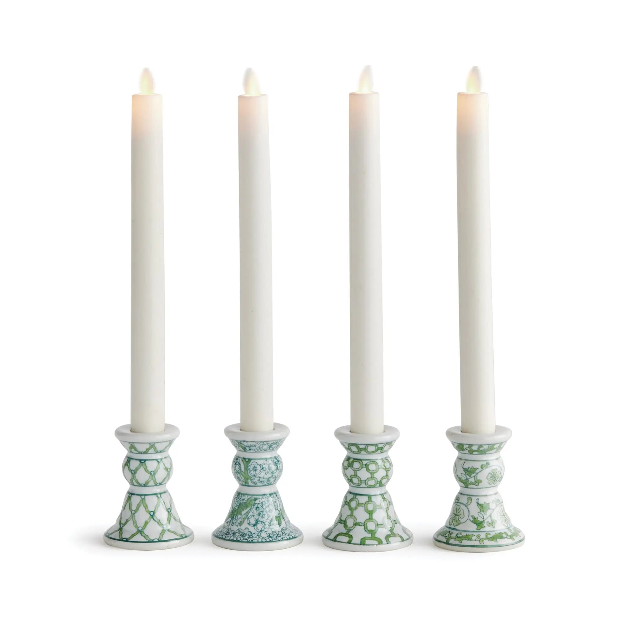 Imperial Mini Taper Holders Set of 4 - green and white chinoiserie ceramic candle holders designed for LED flameless candles