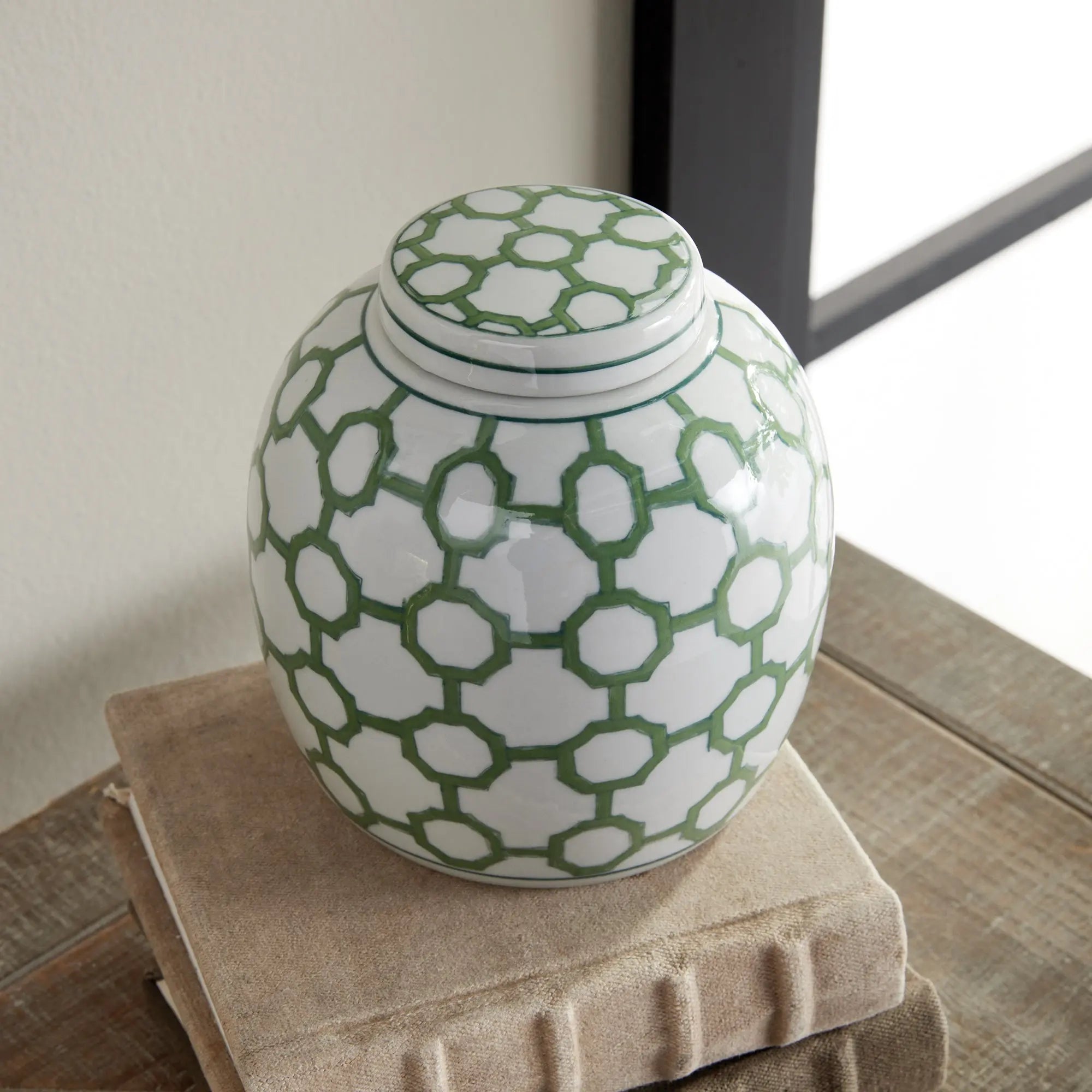 Imperial Link 5.5" Lidded Jar - Green & White Geometric Porcelain Napa Home & Garden