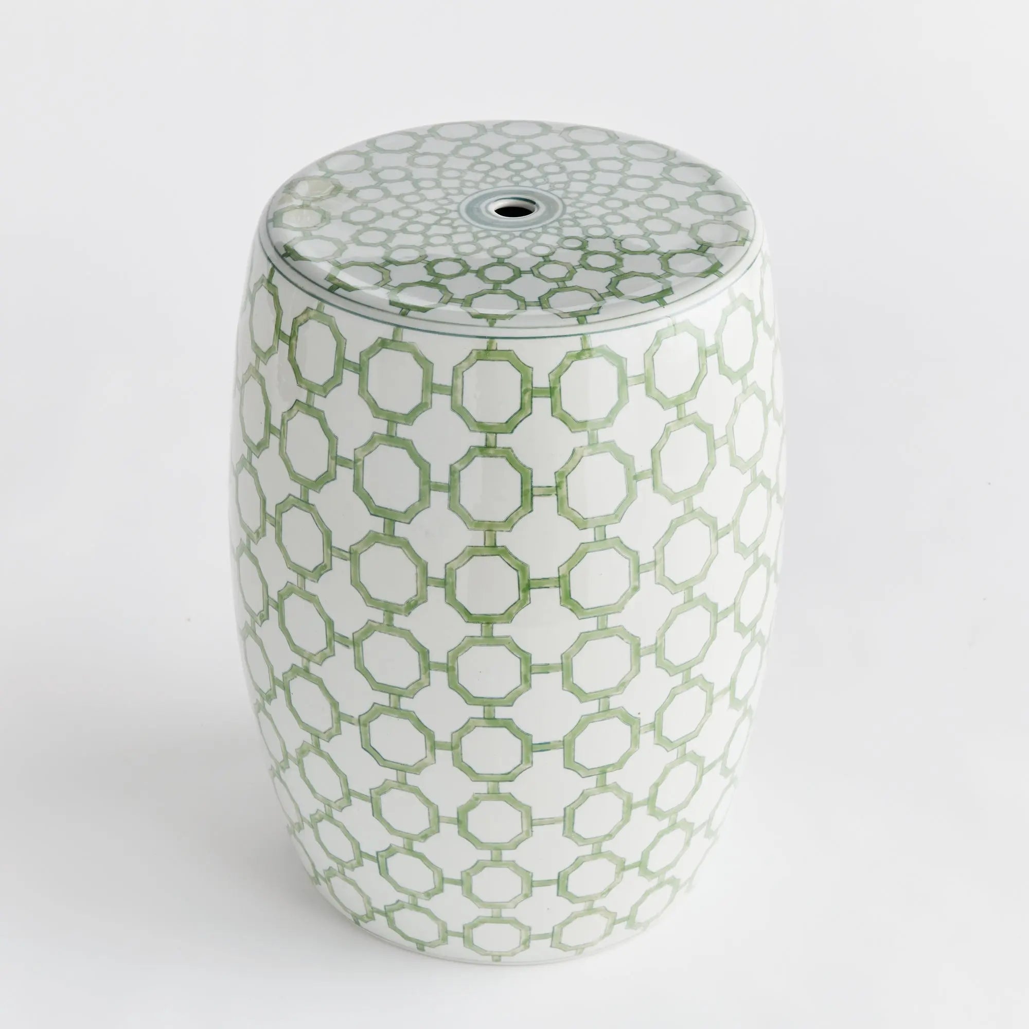 Imperial Link Stool - green and white chinoiserie ceramic garden stool with distinctive link pattern for versatile seating and accent table use