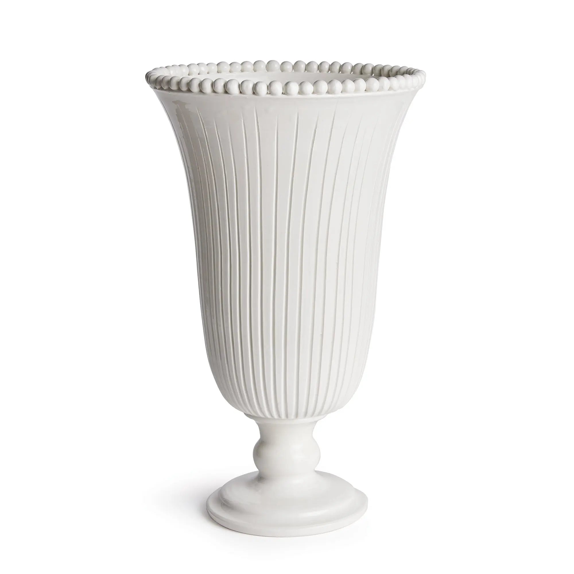 Tall white ceramic Perla Vase with hand-applied ribbing and beading
