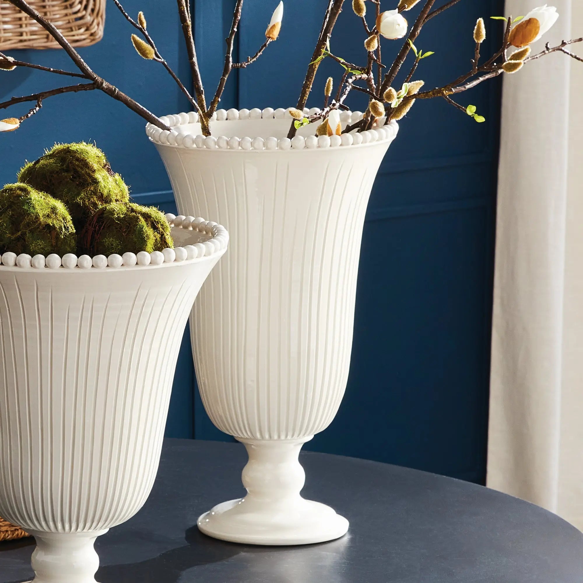 Tall white ceramic Perla Vase with hand-applied ribbing and beading