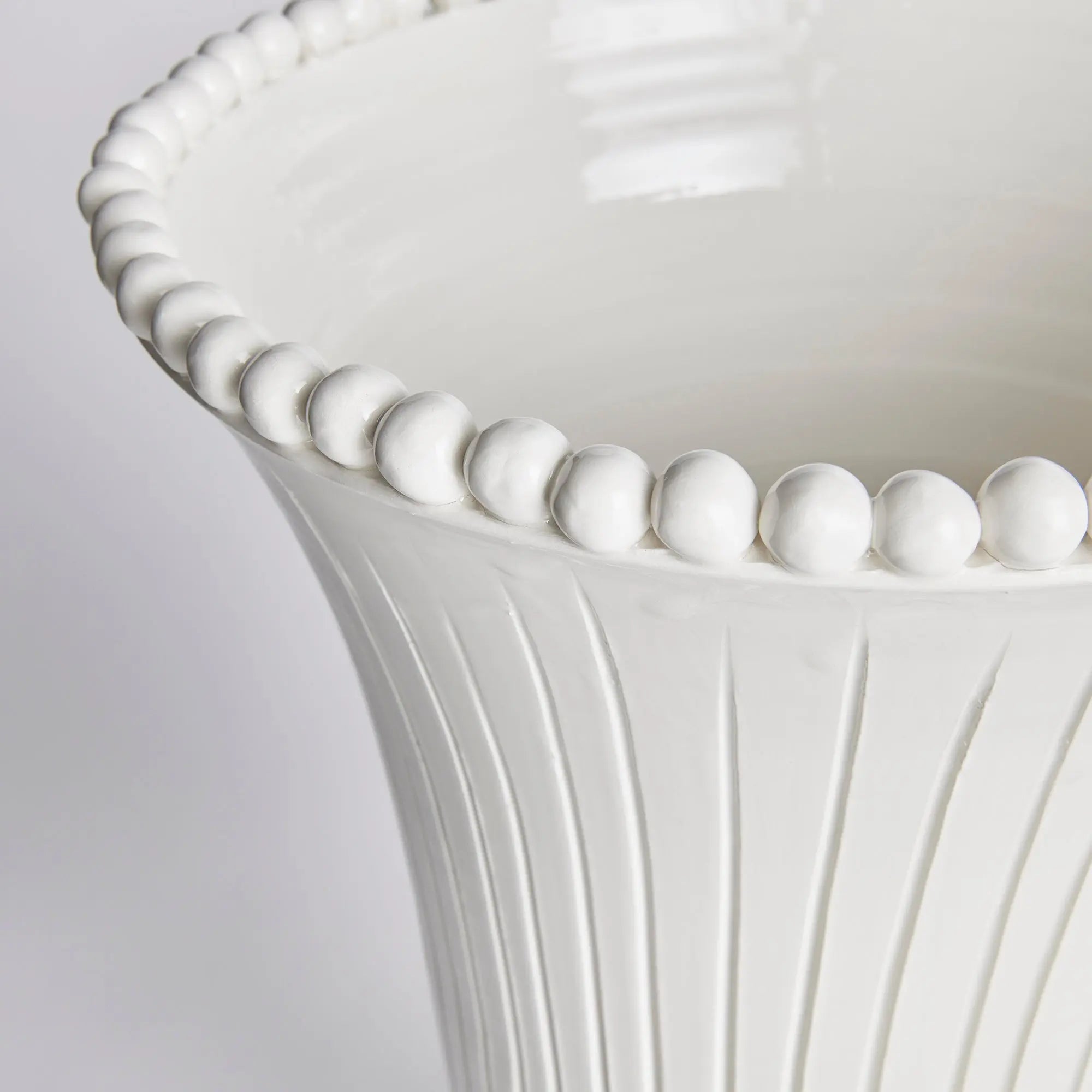 Tall white ceramic Perla Vase with hand-applied ribbing and beading