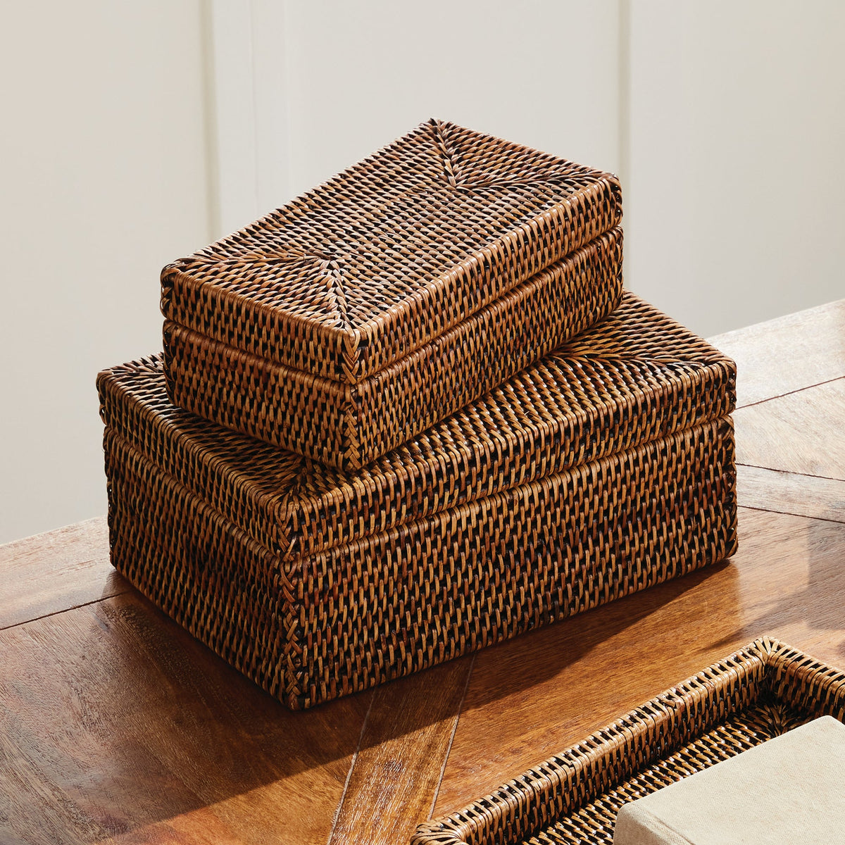 Burma Rattan Rectangular Lidded Boxes, Set of 2