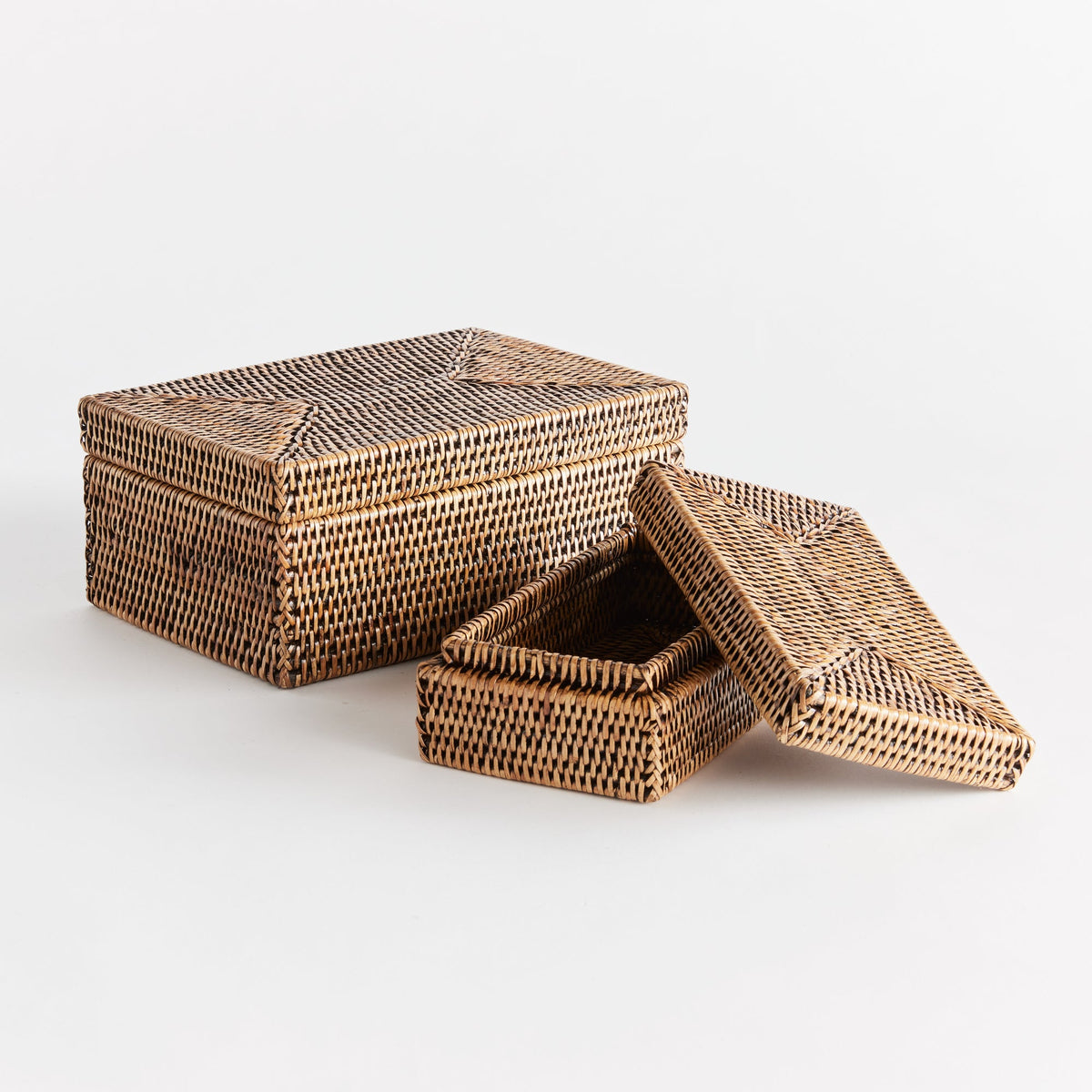 Burma Rattan Rectangular Lidded Boxes, Set of 2