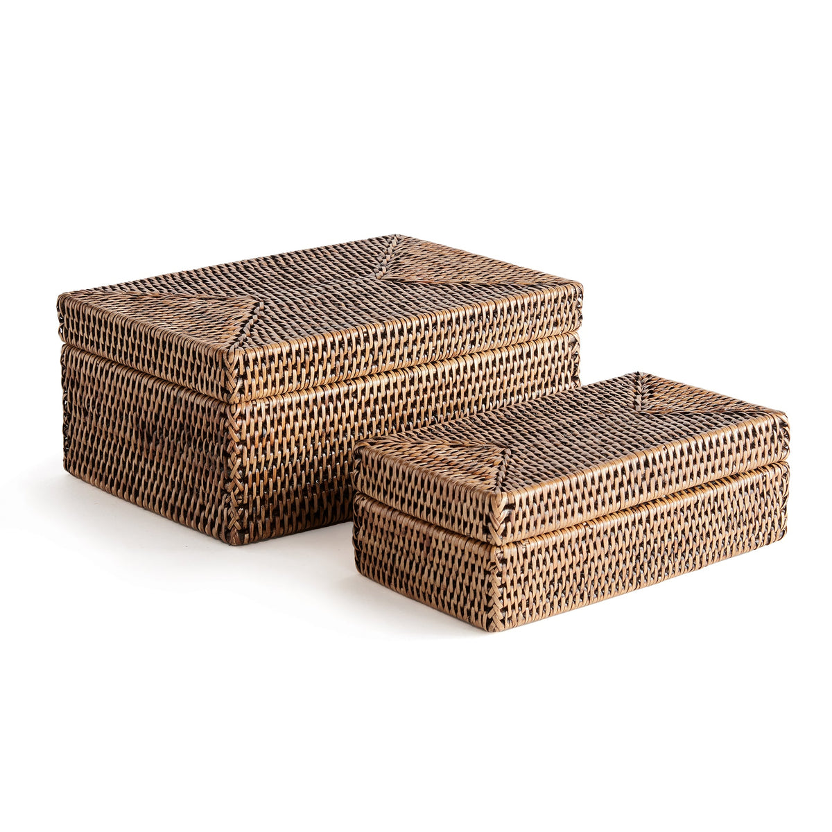 Burma Rattan Rectangular Lidded Boxes, Set of 2 in Brown