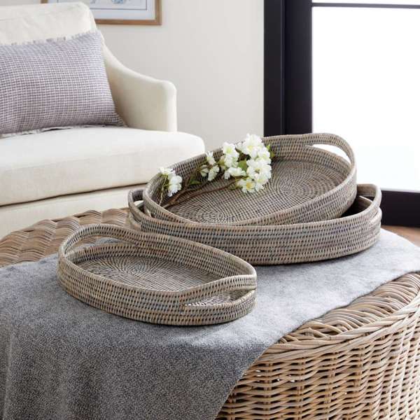 Burma Rattan Oval Serving Trays - Set of 3 Tight-Weave Baskets (3 Finishes) - Villa Decor & Design