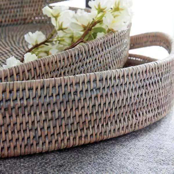 Burma Rattan Oval Serving Trays - Set of 3 Tight-Weave Baskets (3 Finishes) - Villa Decor & Design