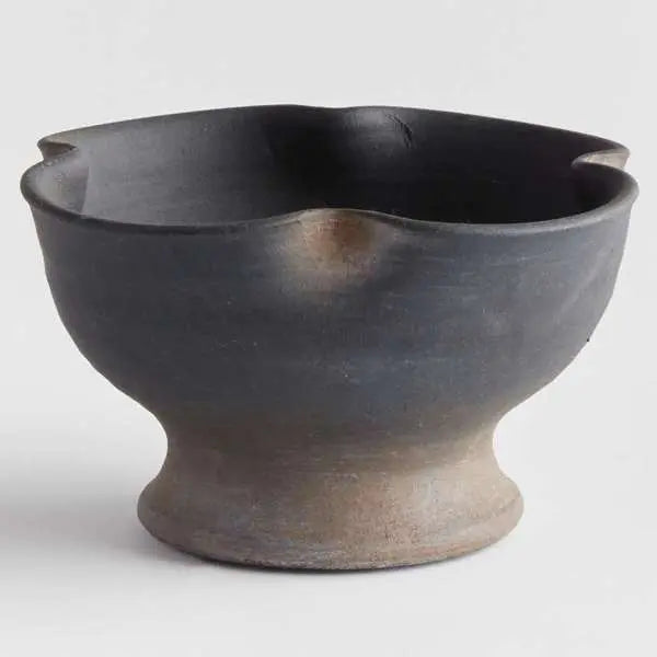 Kaloa Footed Decorative Bowl in a Small size, showing the matte black, hand-rubbed terracotta finish and the unique artisanal shape - Villa Decor & Design
