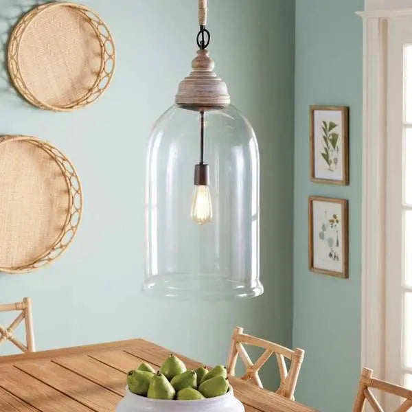 Vintner's Cloche Pendant - Whitewashed Wood & Glass Coastal Light - Villa Decor & Design