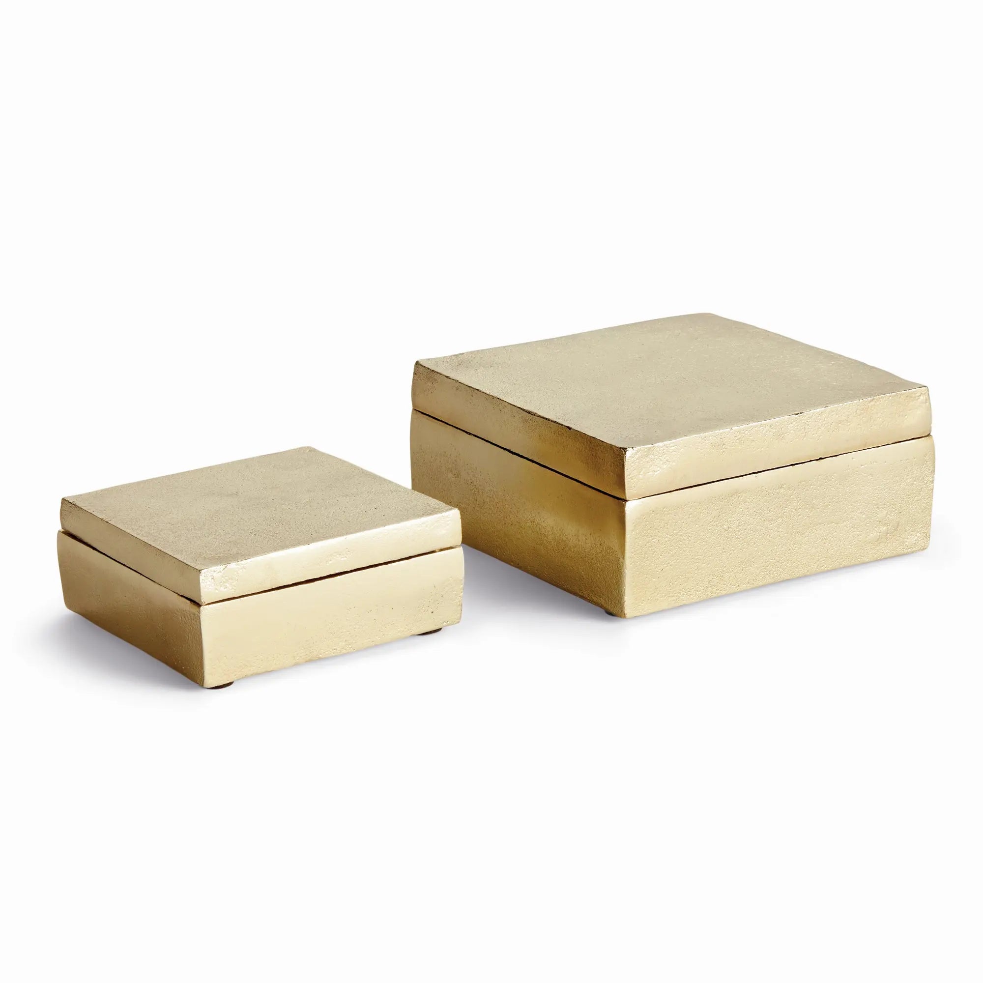 Set of 2 gold Cressida lidded boxes handcrafted from sand-cast aluminum