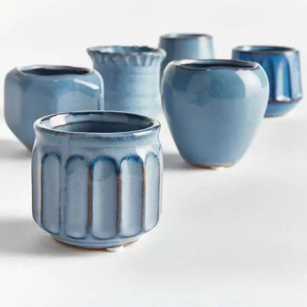 Dezie Mini Pots - Set of 6 Reactive Glaze Stoneware (Cream, Green, or Blue) - Villa Decor & Design