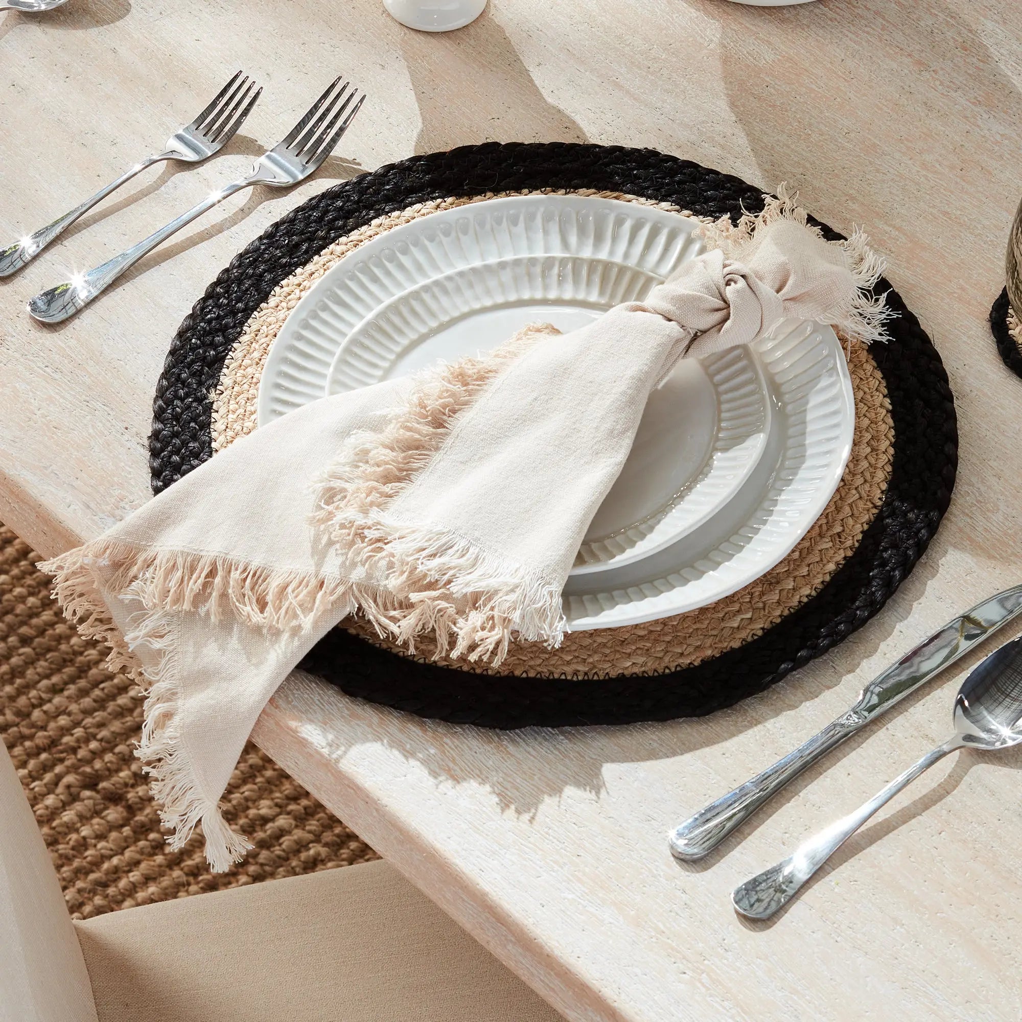Jute Coil Round Placemats – Set of 8 | Natural with Color Trim Options - Villa Decor & Design