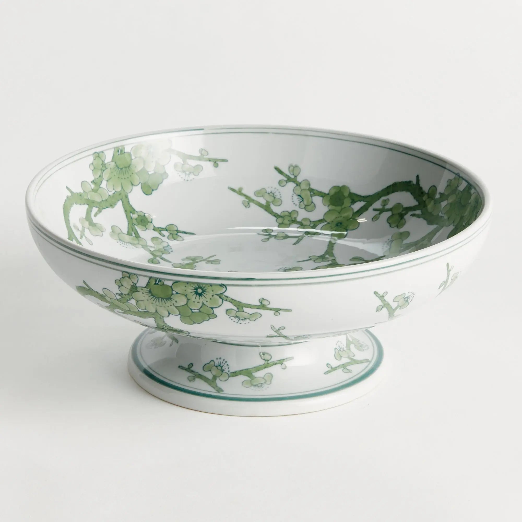 Imperial Empress Decorative Footed Bowl - handcrafted green and white chinoiserie ceramic bowl with elevated base for elegant home décor