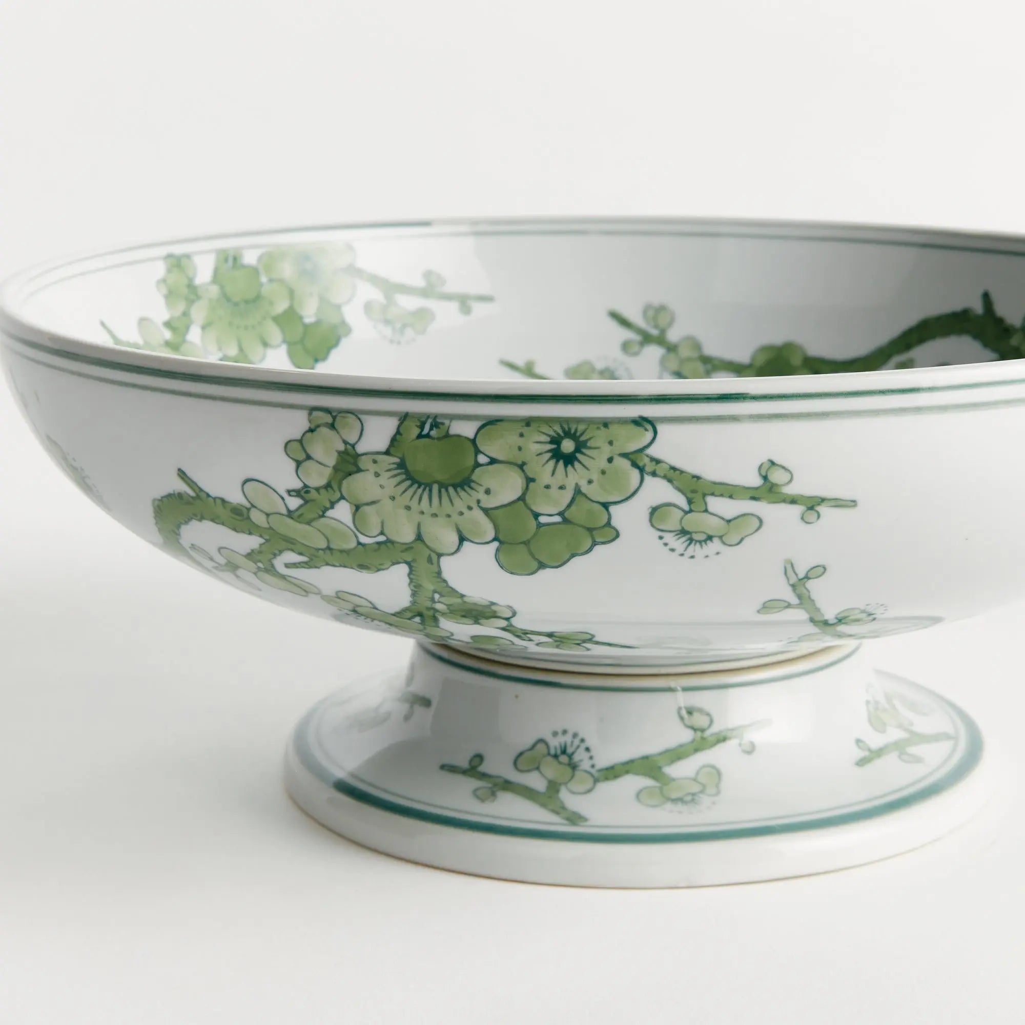 Imperial Empress Decorative Footed Bowl - handcrafted green and white chinoiserie ceramic bowl with elevated base for elegant home décor