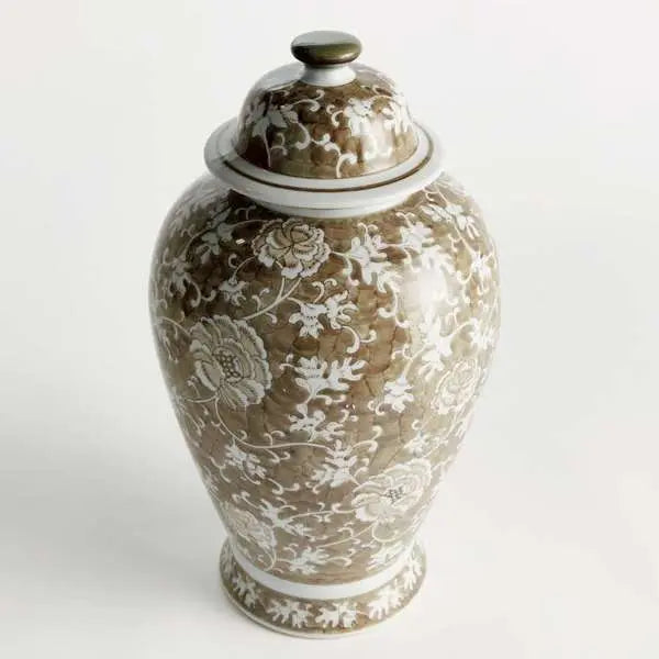 Grand Province Lotus Ginger Jar - Large 20" Taupe & White Ceramic - Villa Decor & Design