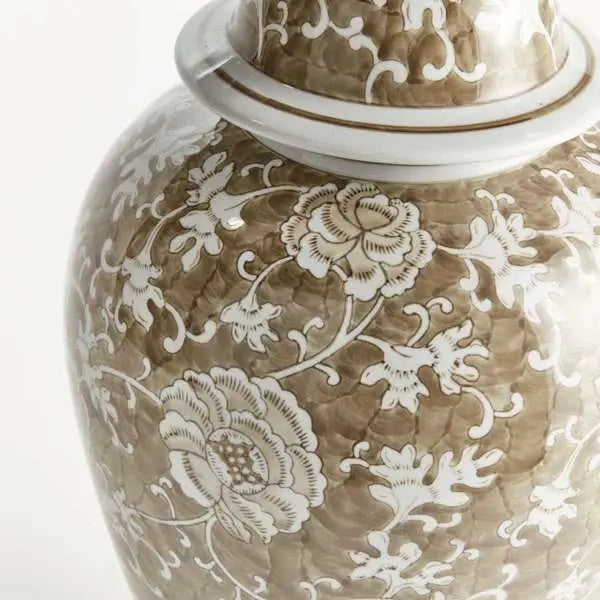 Grand Province Lotus Ginger Jar - Large 20" Taupe & White Ceramic - Villa Decor & Design