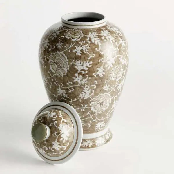 Grand Province Lotus Ginger Jar - Large 20" Taupe & White Ceramic - Villa Decor & Design
