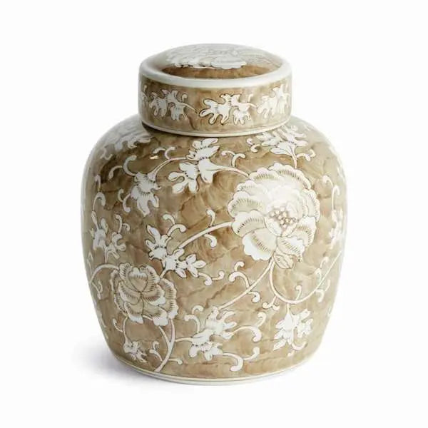 Province Lotus Lidded Jar - Taupe & White Ceramic Ginger Jar - Villa Decor & Design