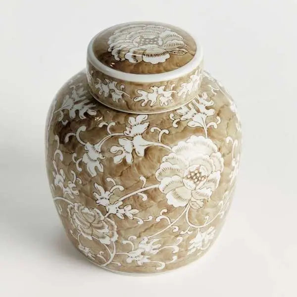 Province Lotus Lidded Jar - Taupe & White Ceramic Ginger Jar - Villa Decor & Design
