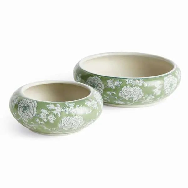 Imperial Lotus Low Pots - Set of 2 Green & White Chinoiserie Ceramic Planters - Villa Decor & Design