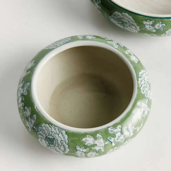 Imperial Lotus Low Pots - Set of 2 Green & White Chinoiserie Ceramic Planters - Villa Decor & Design