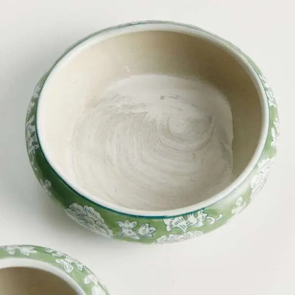 Imperial Lotus Low Pots - Set of 2 Green & White Chinoiserie Ceramic Planters - Villa Decor & Design