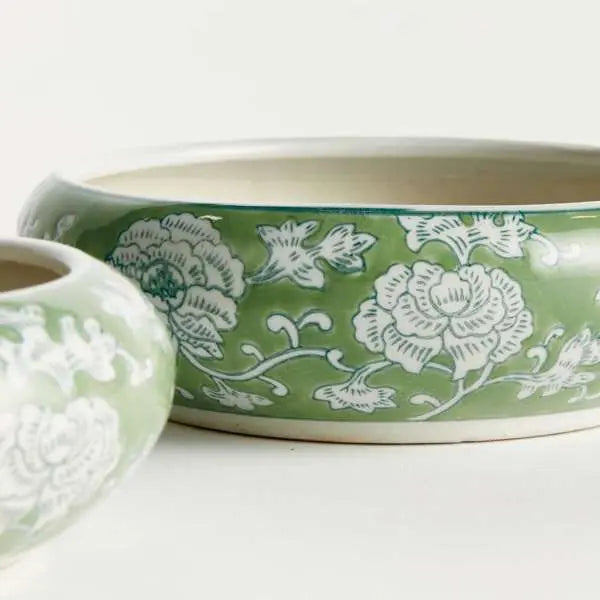 Imperial Lotus Low Pots - Set of 2 Green & White Chinoiserie Ceramic Planters - Villa Decor & Design