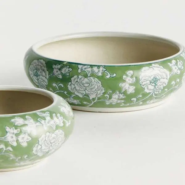 Imperial Lotus Low Pots - Set of 2 Green & White Chinoiserie Ceramic Planters - Villa Decor & Design