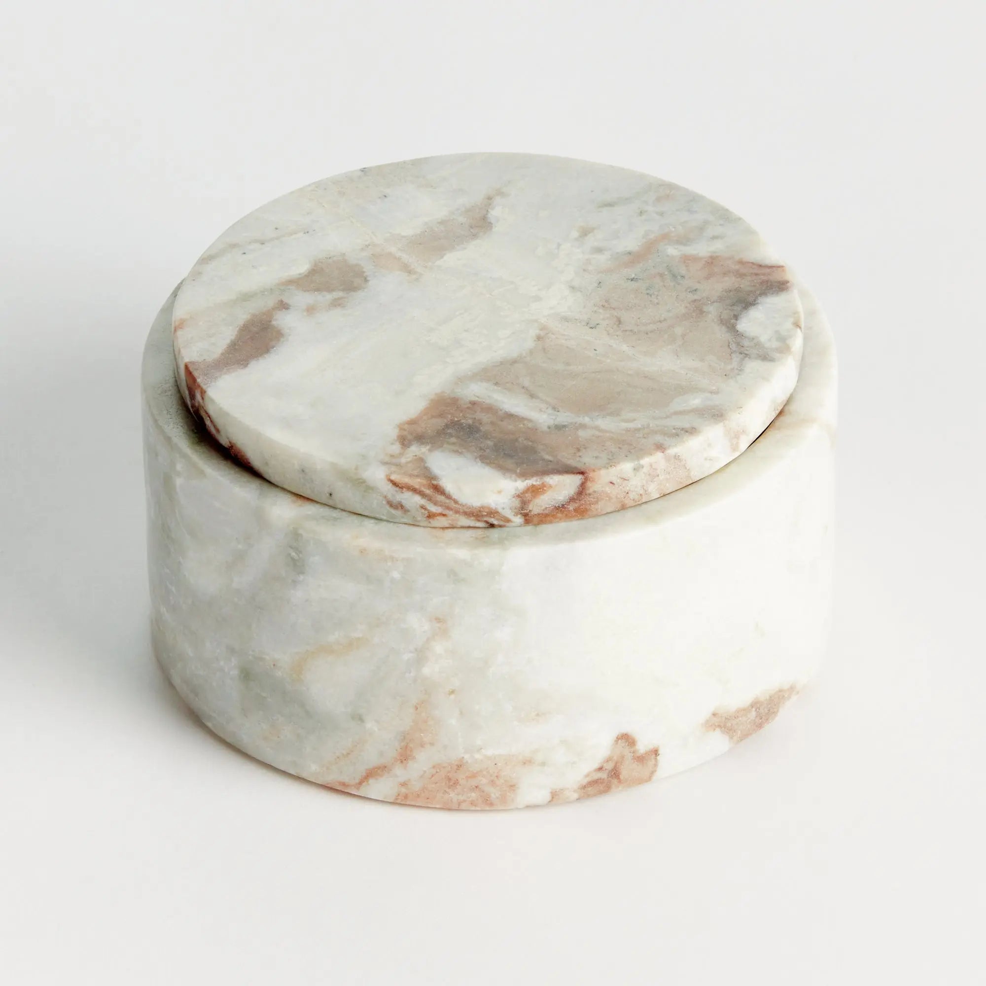 Jaqueline round marble lidded box with natural brown veining - Wide