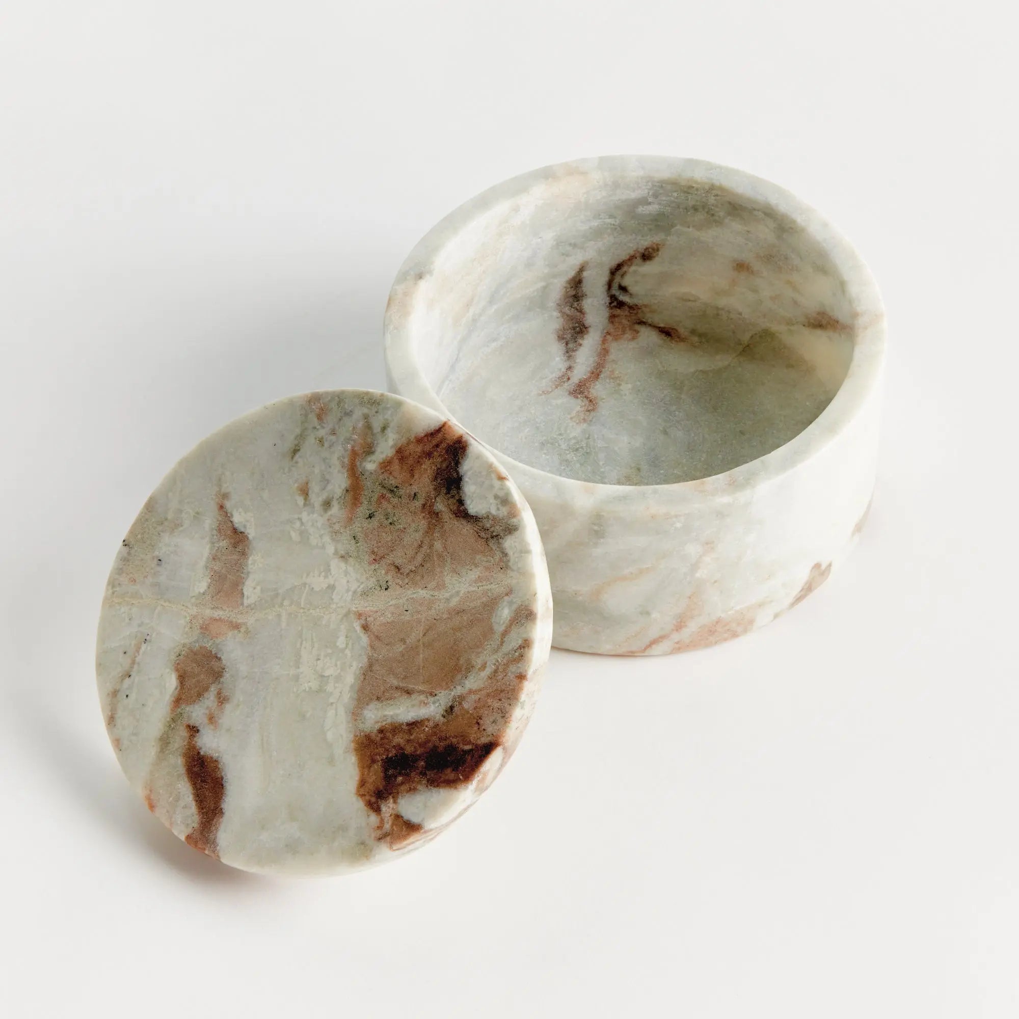 Jaqueline round marble lidded box with natural brown veining - Wide