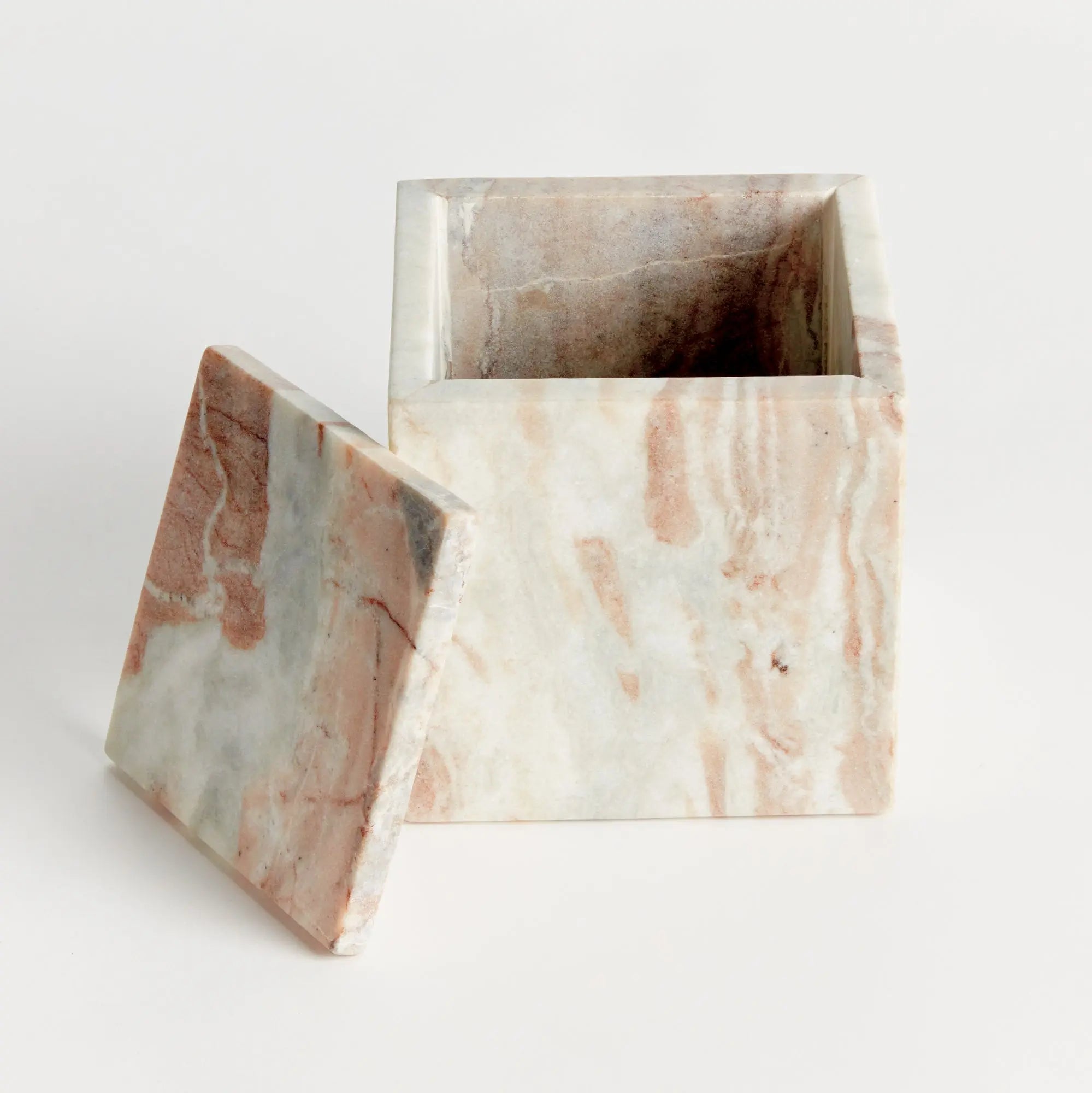 Jaqueline square marble lidded box with natural brown veining - Tall