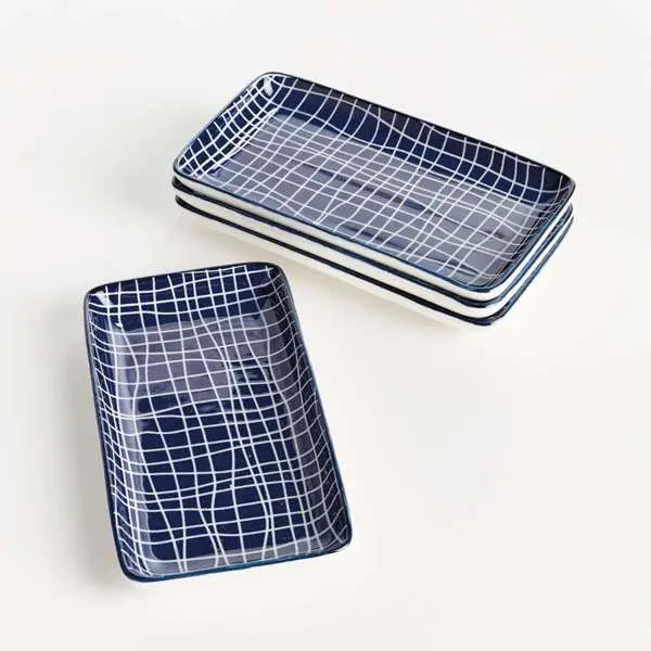 Stria 7" Rectangular Trays Set of 4 - dark blue and white porcelain serving trays with modern striated pattern for appetizers and entertaining