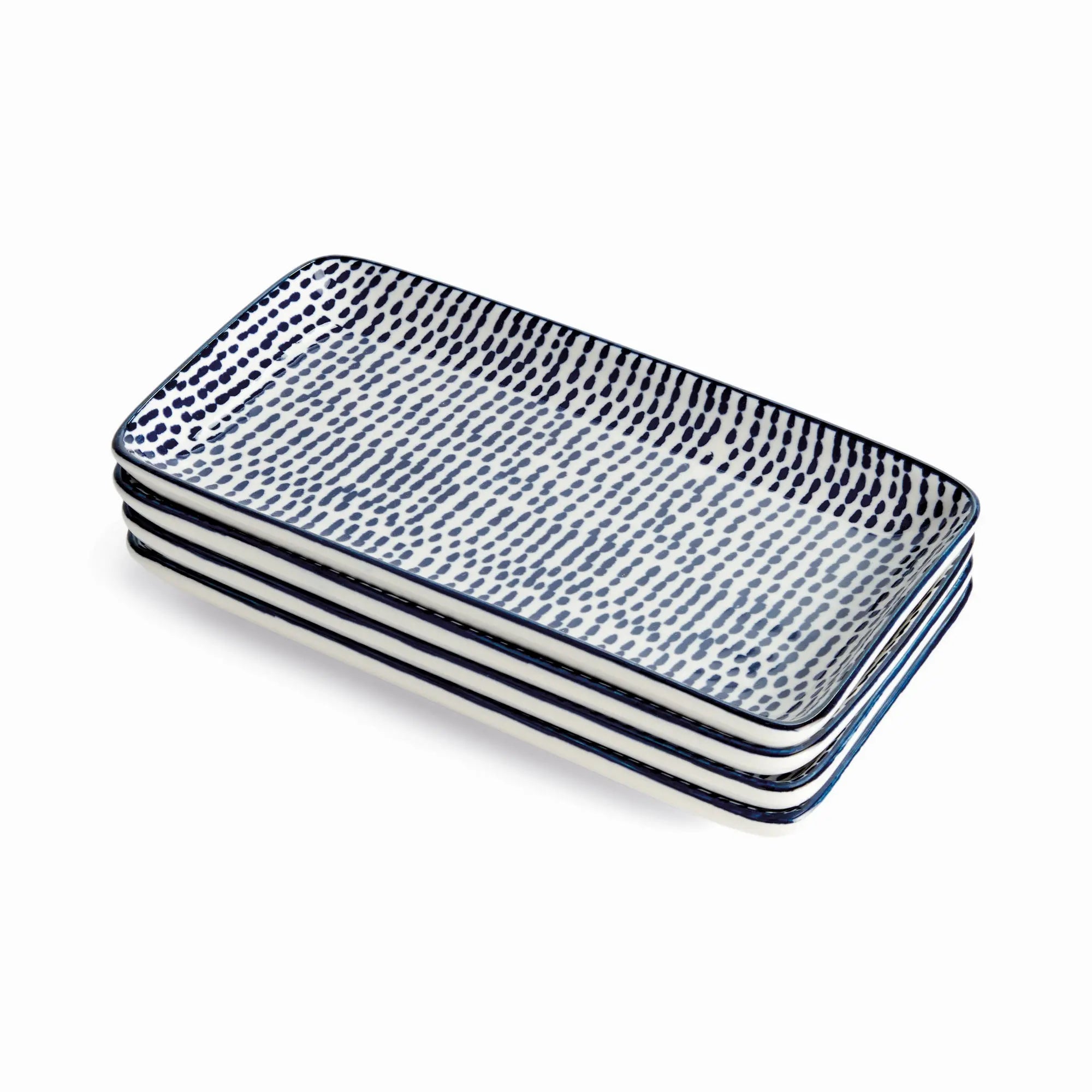 Stria Speckled 8" Trays Set of 4 - dark blue and white ceramic serving trays with speckled pattern for appetizers and entertaining