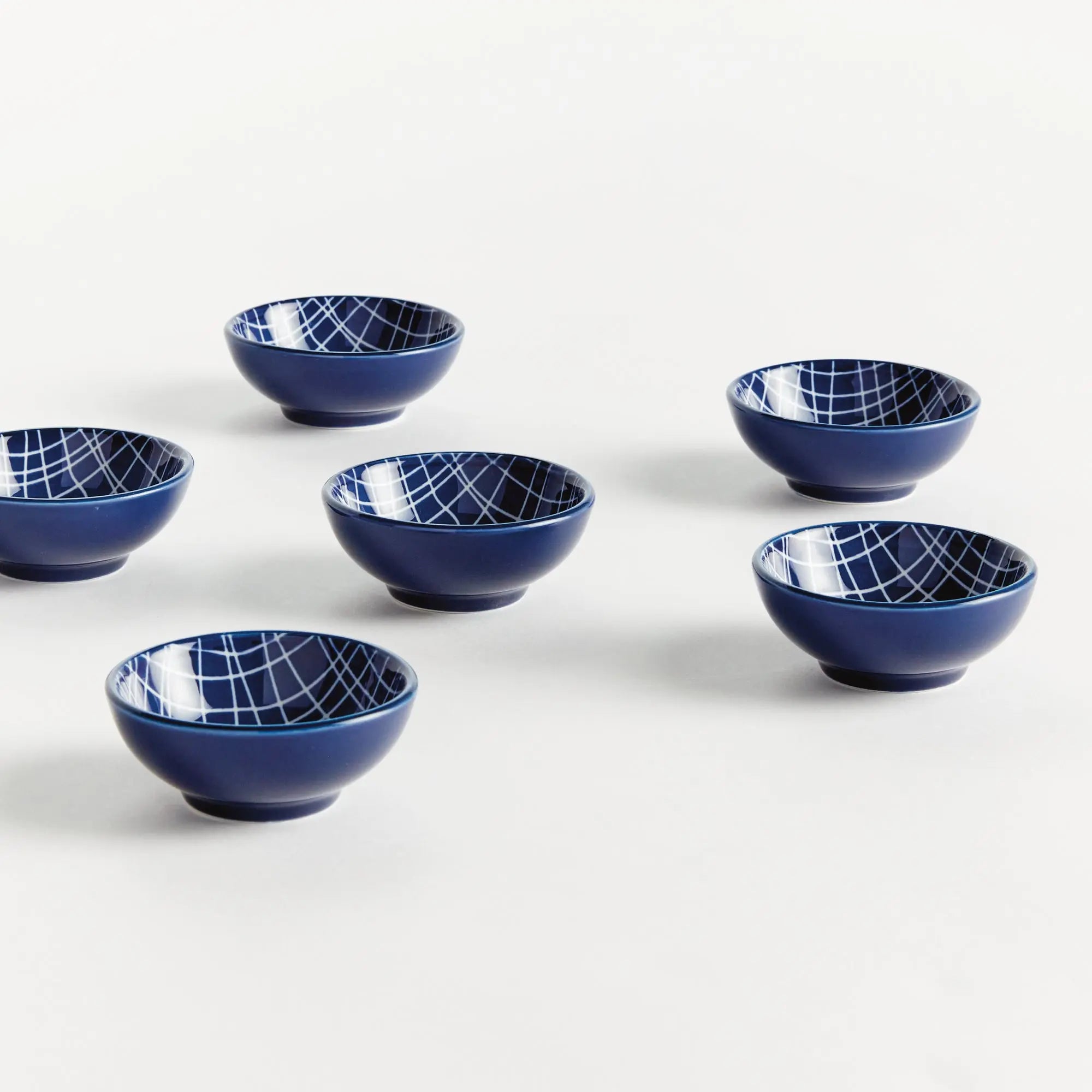 Stria Weaves Dip Bowls Set of 6 - dark blue and white ceramic bowls with modern woven striated pattern for serving dips, sauces and appetizers