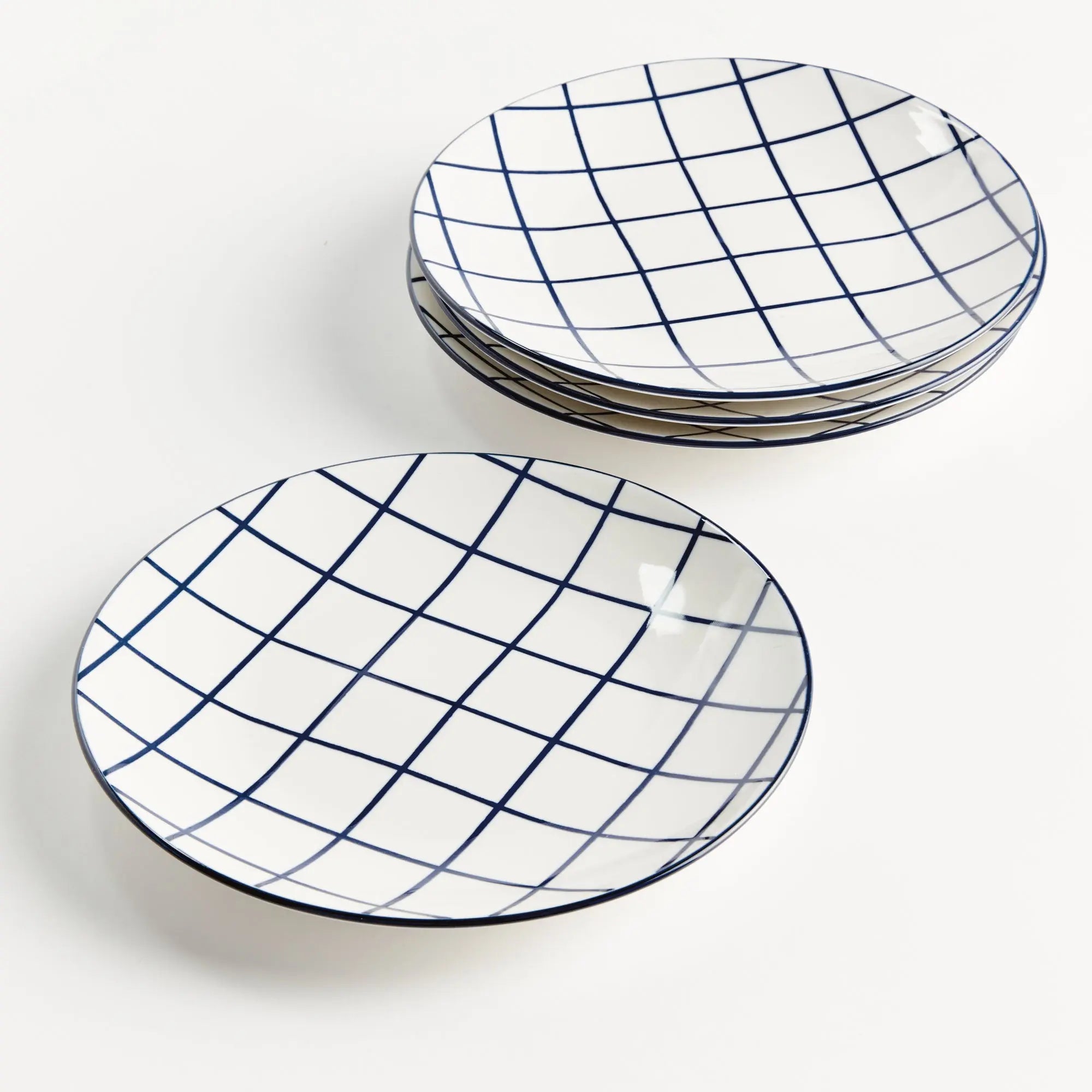 Stria 8.5" Plates Set of 4 - dark blue and white ceramic salad plates with modern grid pattern for dining and entertaining