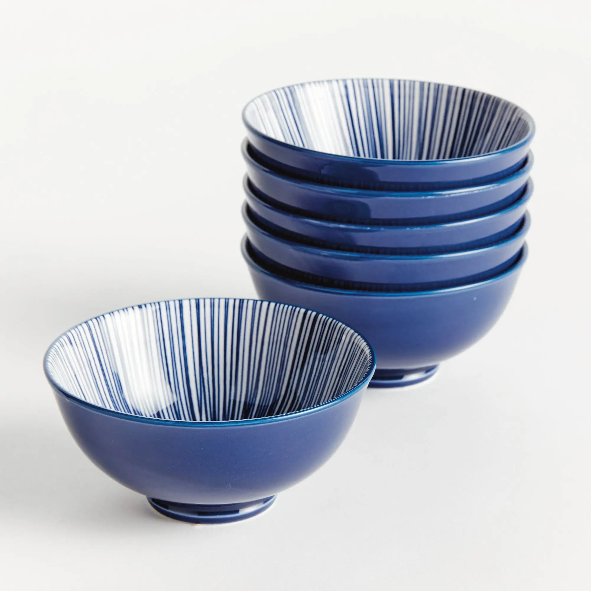 Stria 4.75" Bowls Set of 6 - dark blue and white striped ceramic dip bowls with modern striated pattern for serving and entertaining