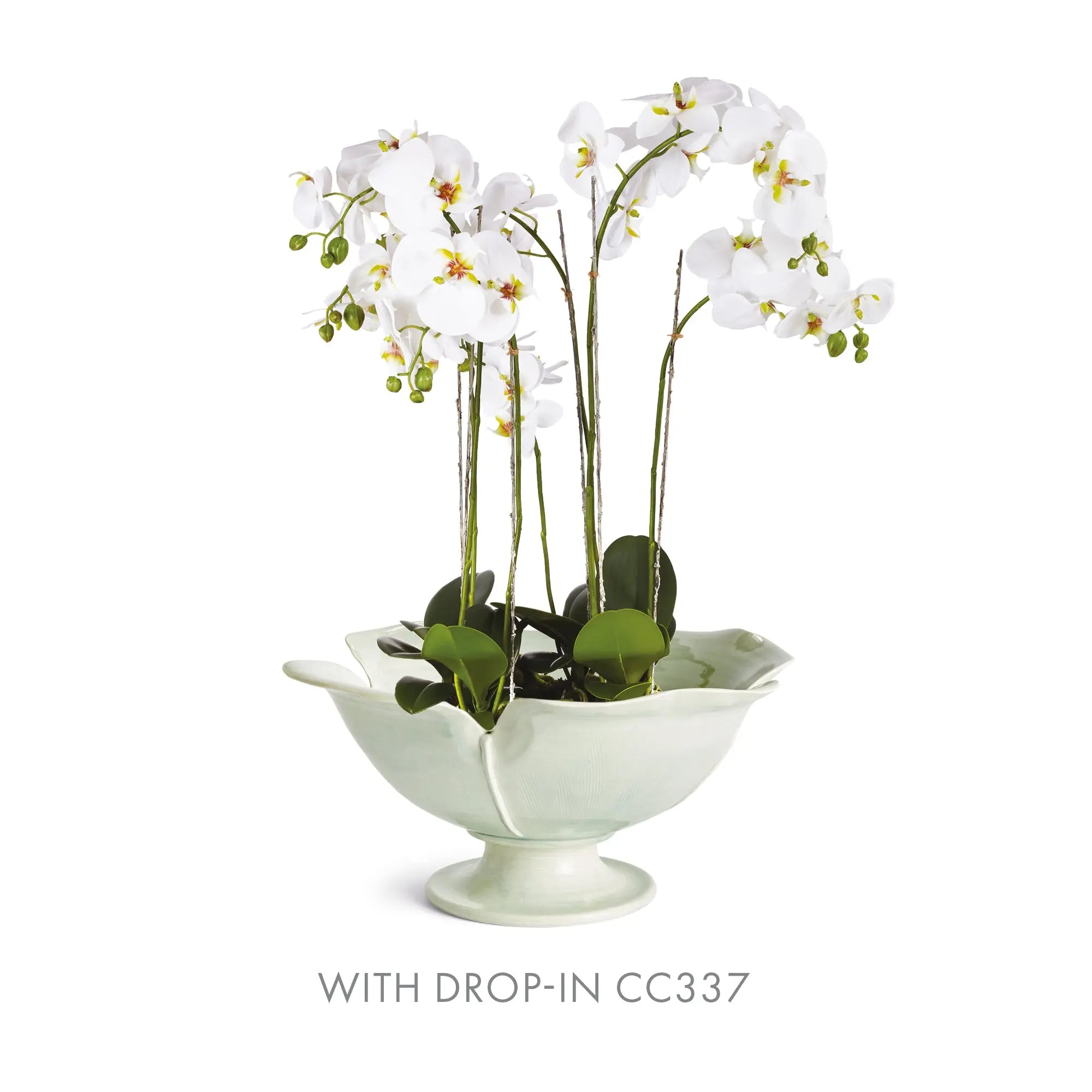 Handmade ceramic footed bowl with petal design in celadon glaze