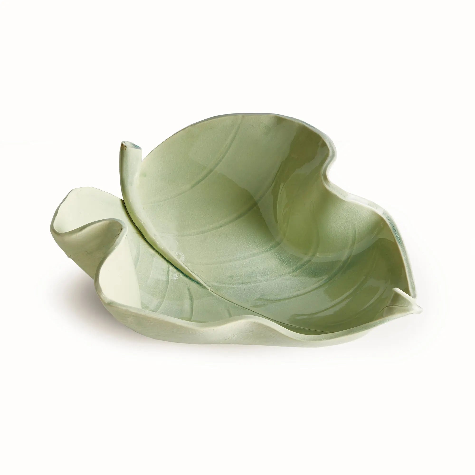 Handcrafted ceramic leaf sculpture in celadon glaze – small size