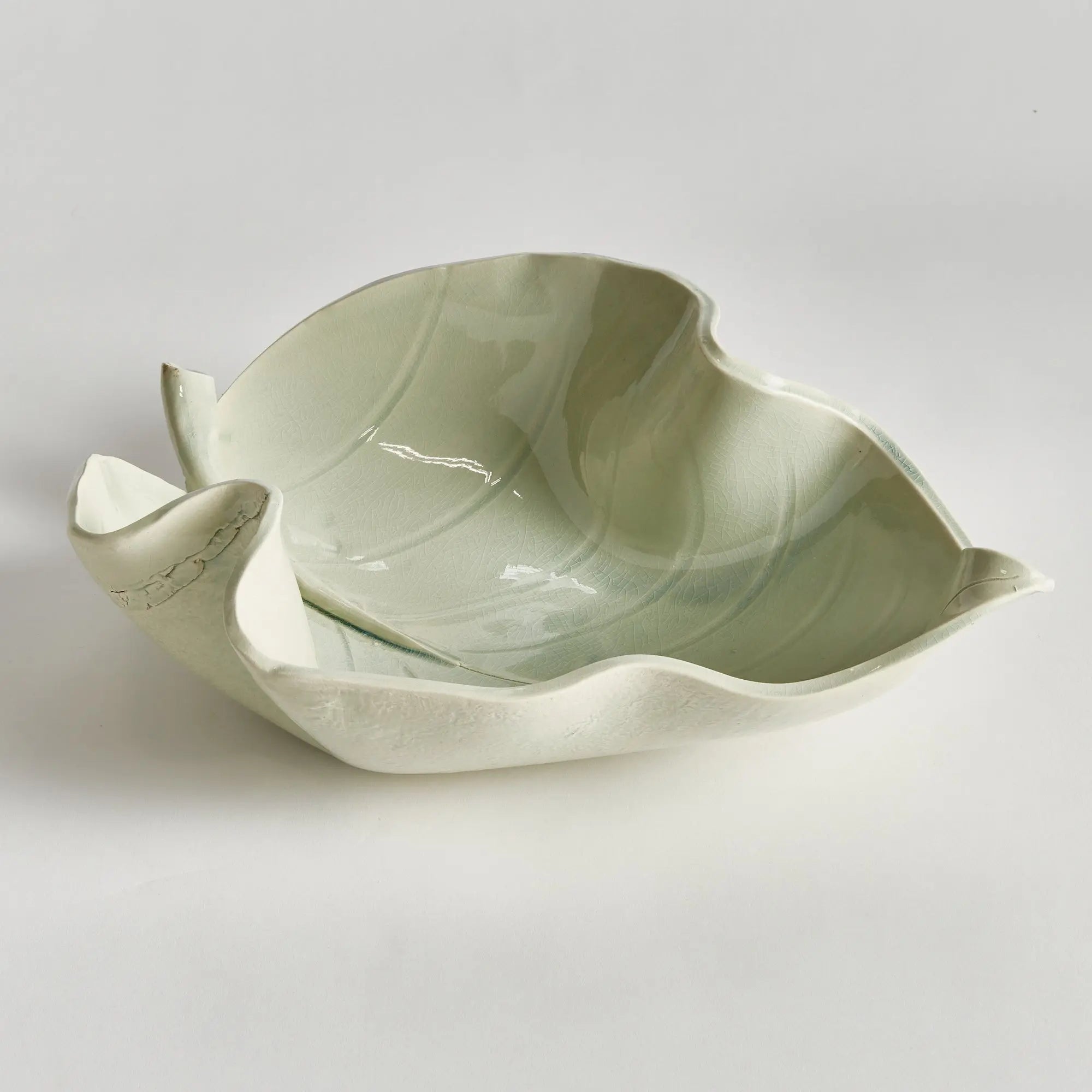 Handcrafted ceramic leaf sculpture in celadon glaze – small size