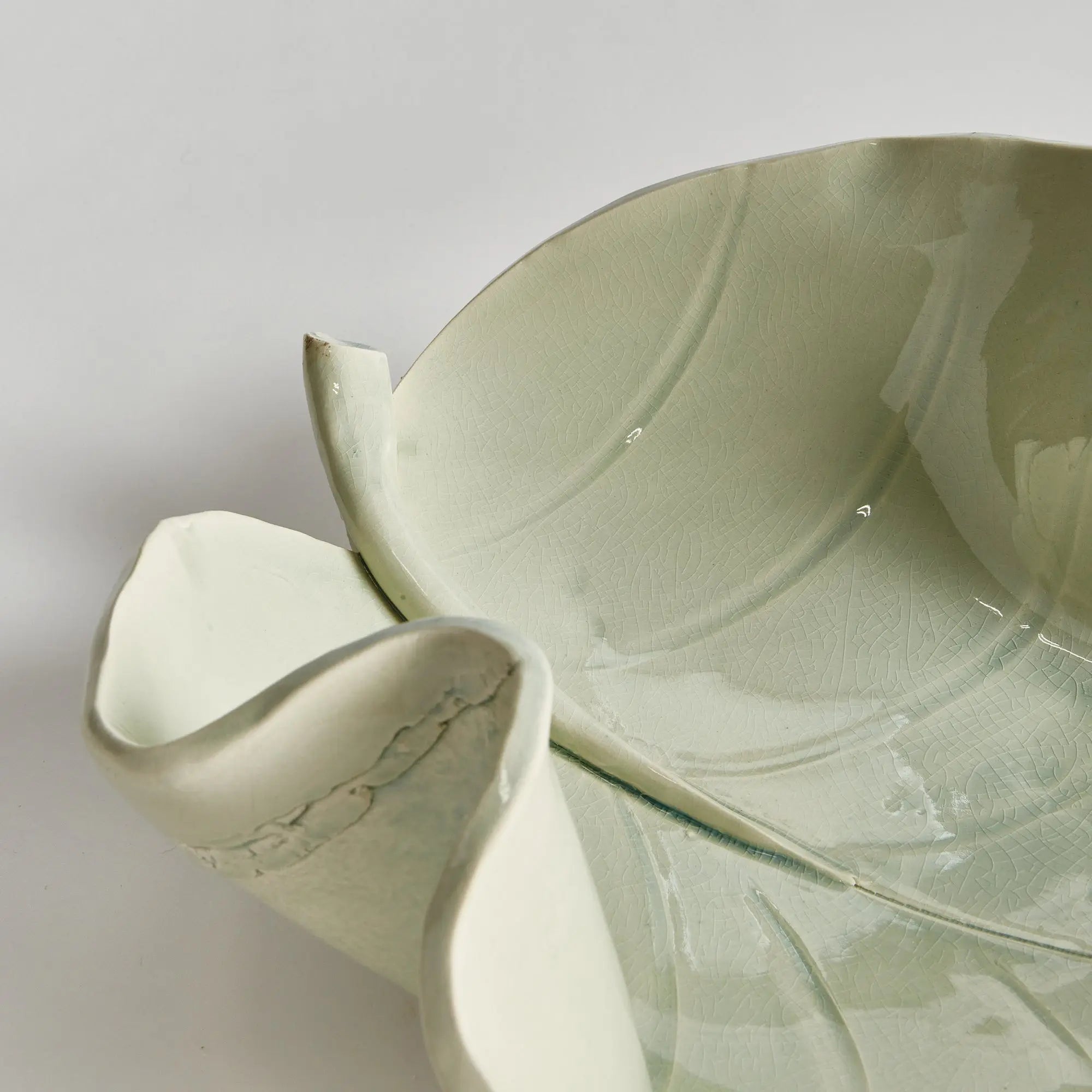 Handcrafted ceramic leaf sculpture in celadon glaze – small size