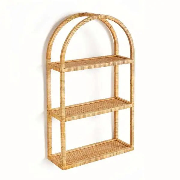 New Haven 3-Tier Curio Shelf - Arched Rattan Wall Shelf - Villa Decor & Design