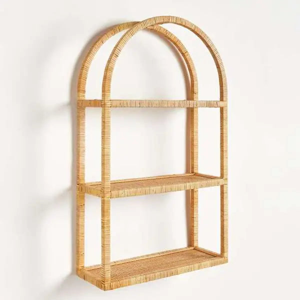 New Haven 3-Tier Curio Shelf - Arched Rattan Wall Shelf - Villa Decor & Design