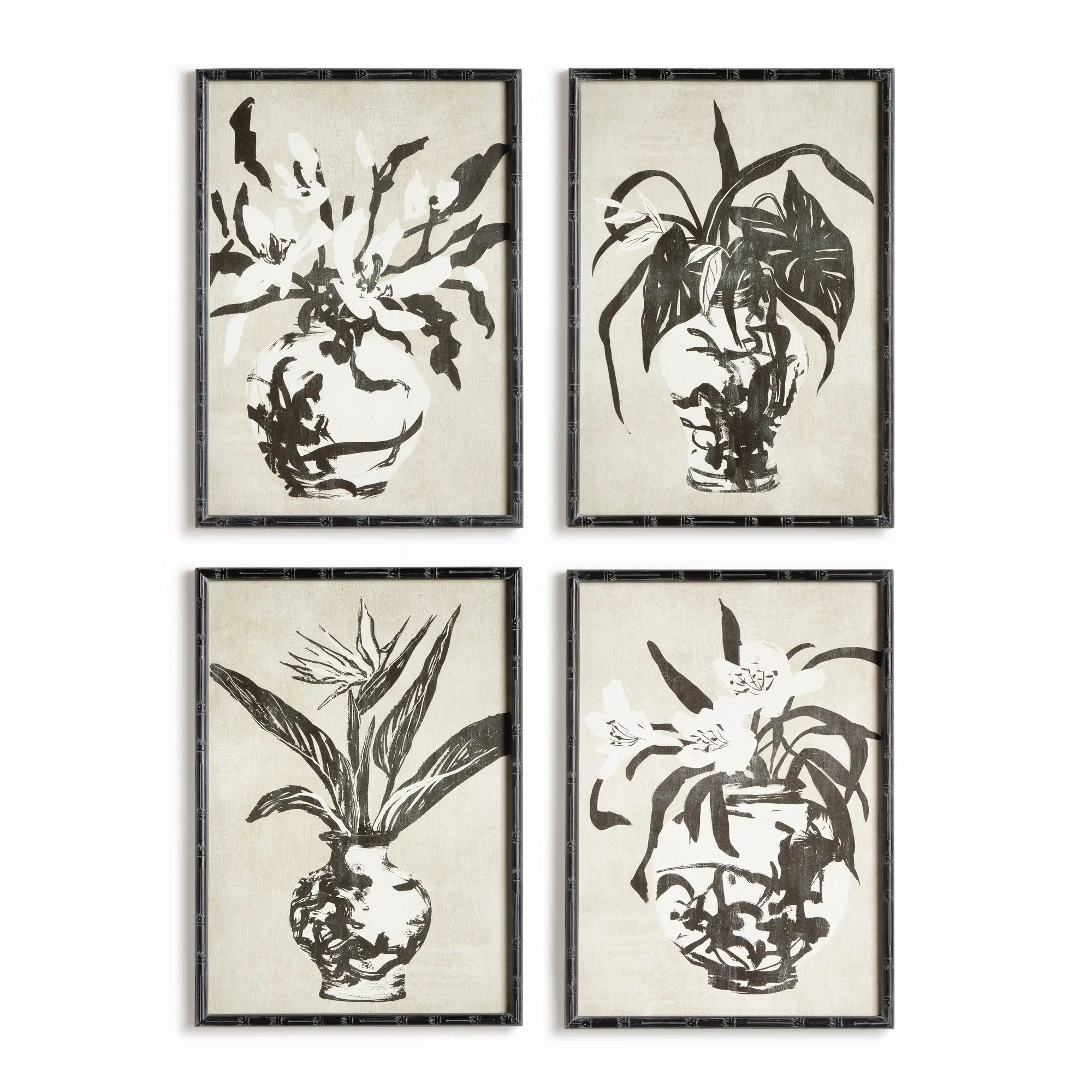 Chinoiserie Noir Prints - Set of 4 Black Bamboo Framed Wall Art Napa Home & Garden