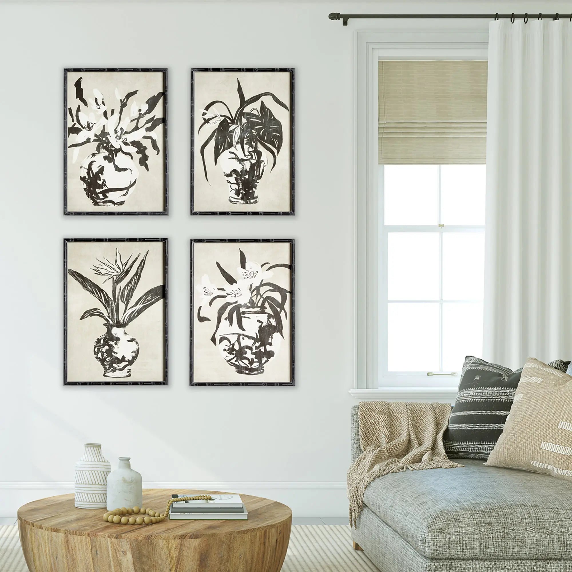 Chinoiserie Noir Prints - Set of 4 Black Bamboo Framed Wall Art Napa Home & Garden