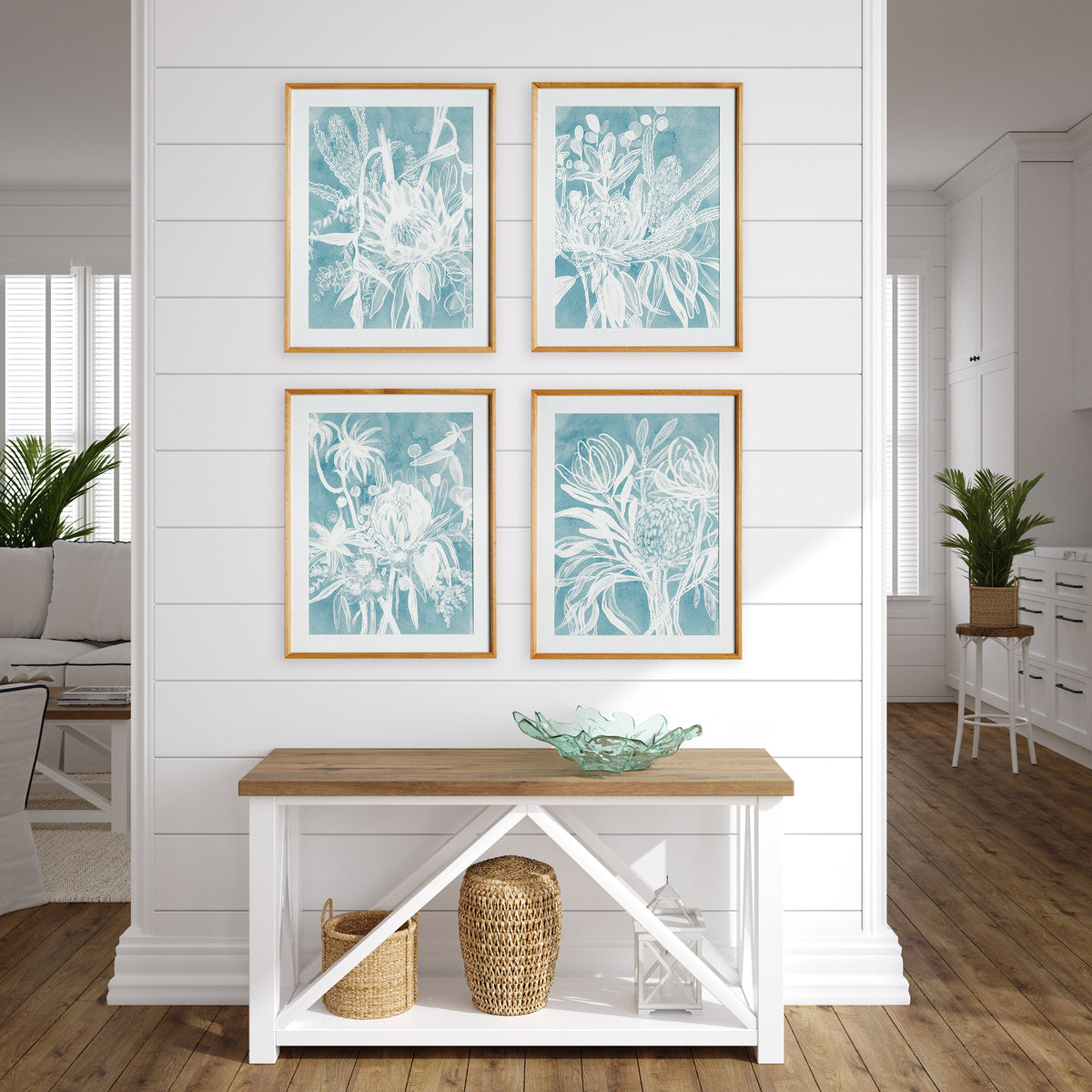 Protea Abstract Prints in Soft Blue, Set of 4